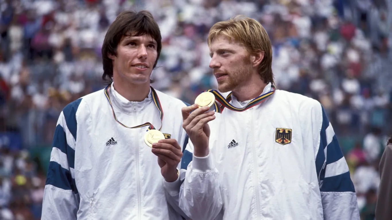 Michael Stich (l.) en Boris Becker op de Olympische Spelen.